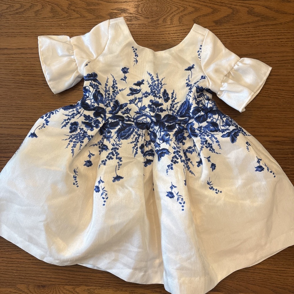 Janie & Jack Ivory & Blue Floral Special Occasion Dress Sz 6-12 Months Wedding